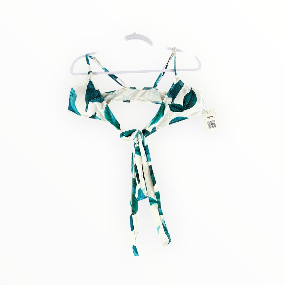 Cupshe Womens Tropical Leaf Print Tie Front Bikini Top White Green Small NWT